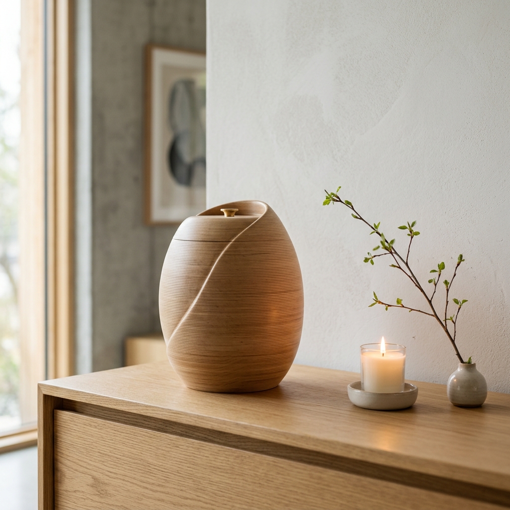 Pet memorial urn styled on a shelving unit in a modern Singapore home